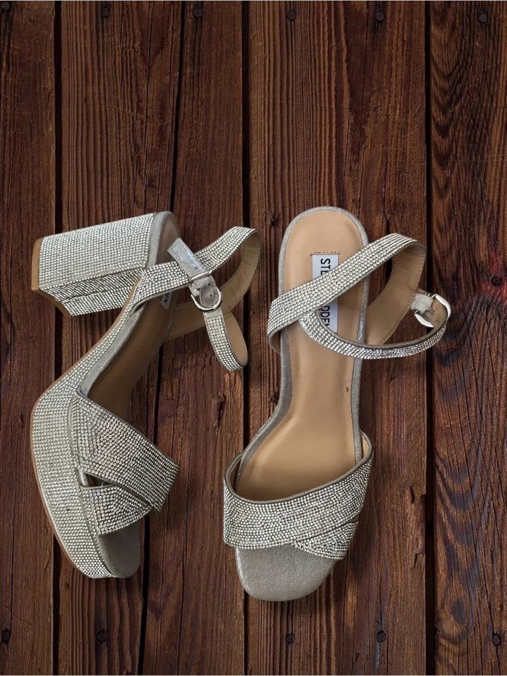 Steve Madden Crystal-Embellished Silver Platform Sandals, 11